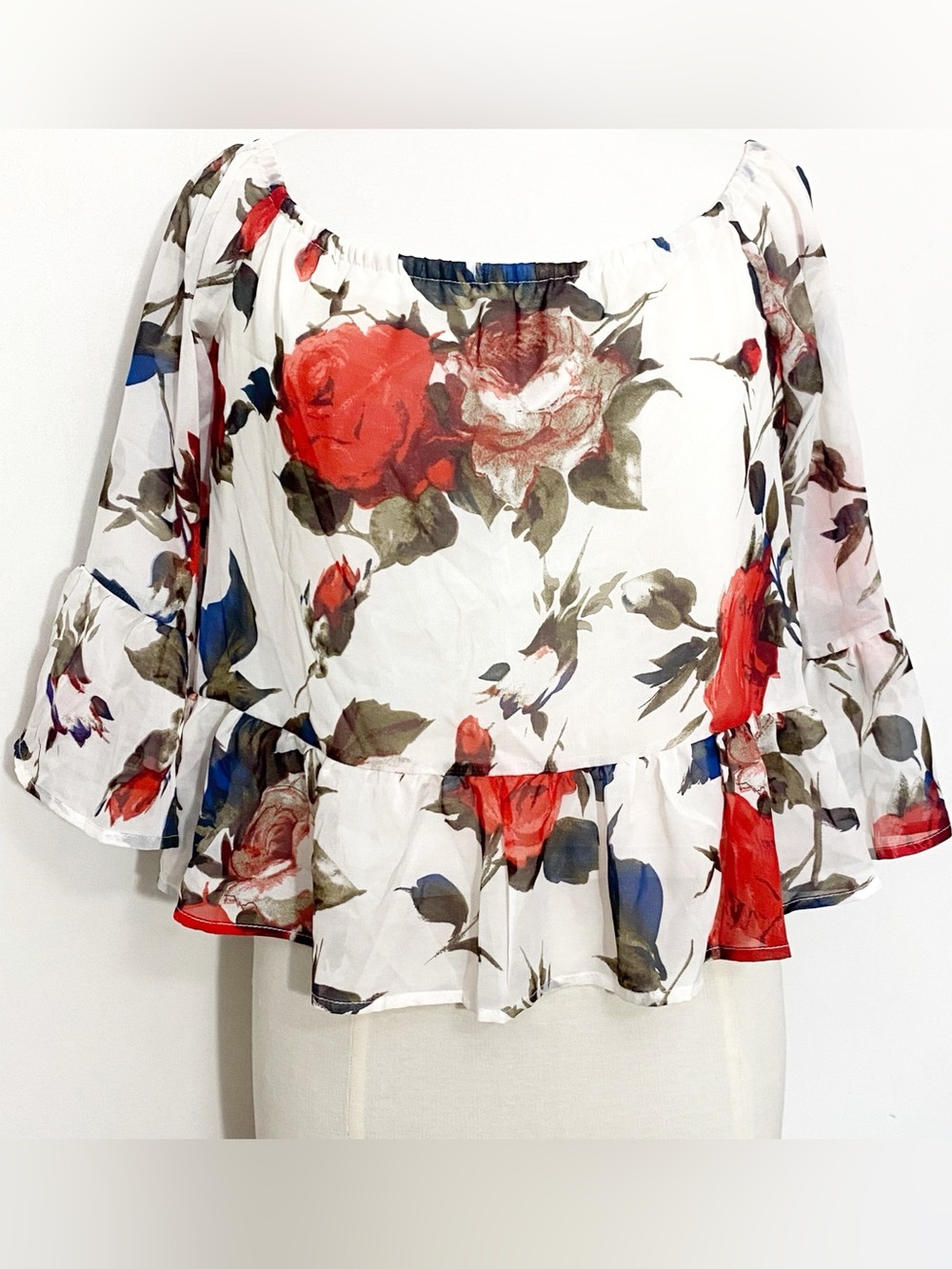 Floral Roses Off-Shoulder Sheer Lined Ruffle Sleeve And Hem Top Blouse L